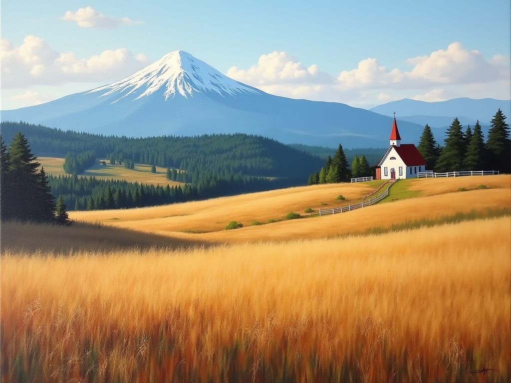 Landscape Painting of a Church in the Oregon Countryside