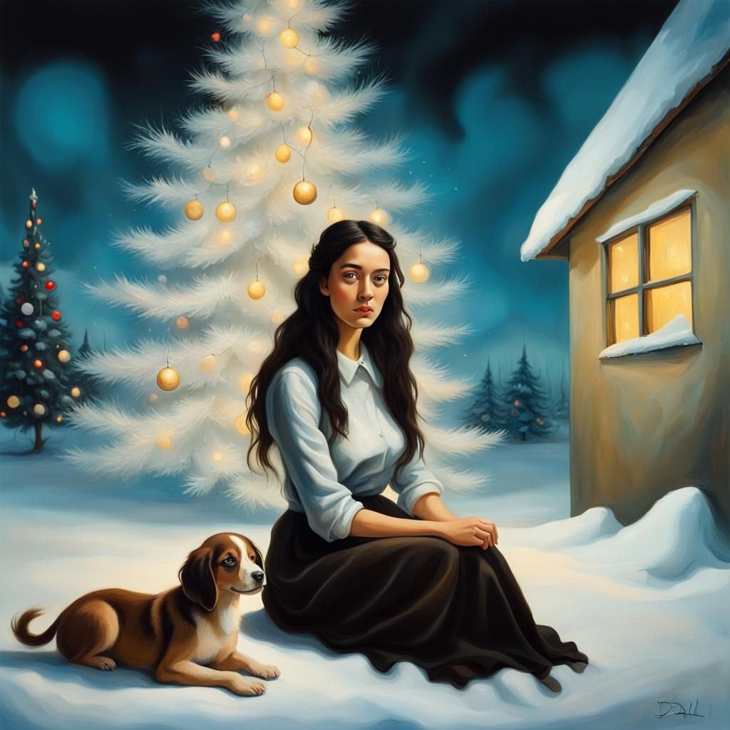 Girl with Puppy in Snow, Surrealist Oil Painting