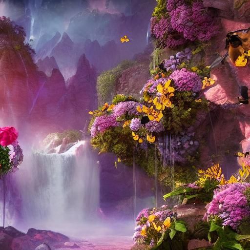 Rose-Covered Wall with Waterfall and Bumblebees