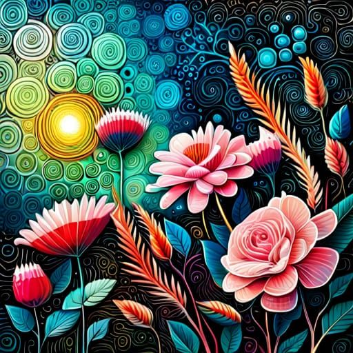 Beautiful Flowers with Large Leaves in Mixed Media