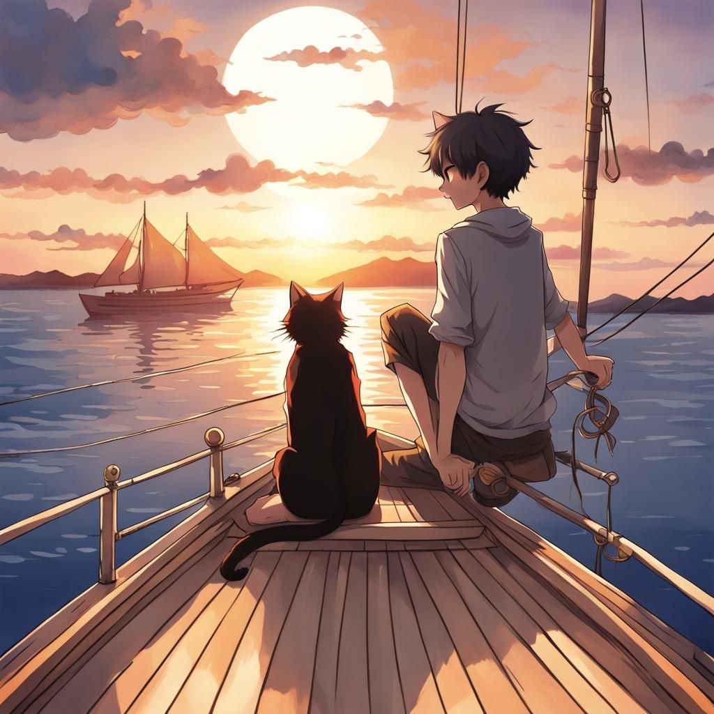 Cat and Boy's Sunset Sail: Anime Style