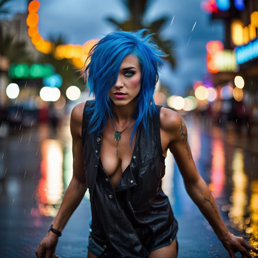 Blue-Haired Woman Dancing in Las Vegas Rain