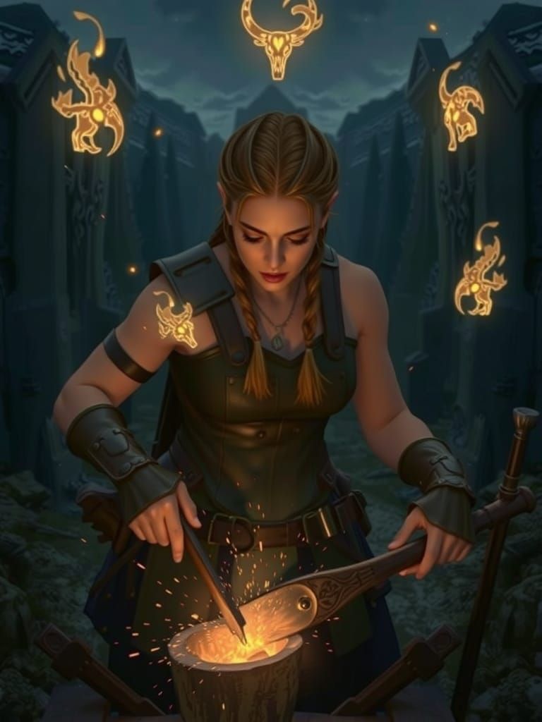 Norse Warrior Woman at Glowing Forge