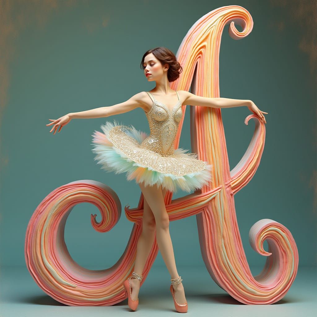 Ethereal Ballerina Beside Art Nouveau Cursive Letter A in Ra...