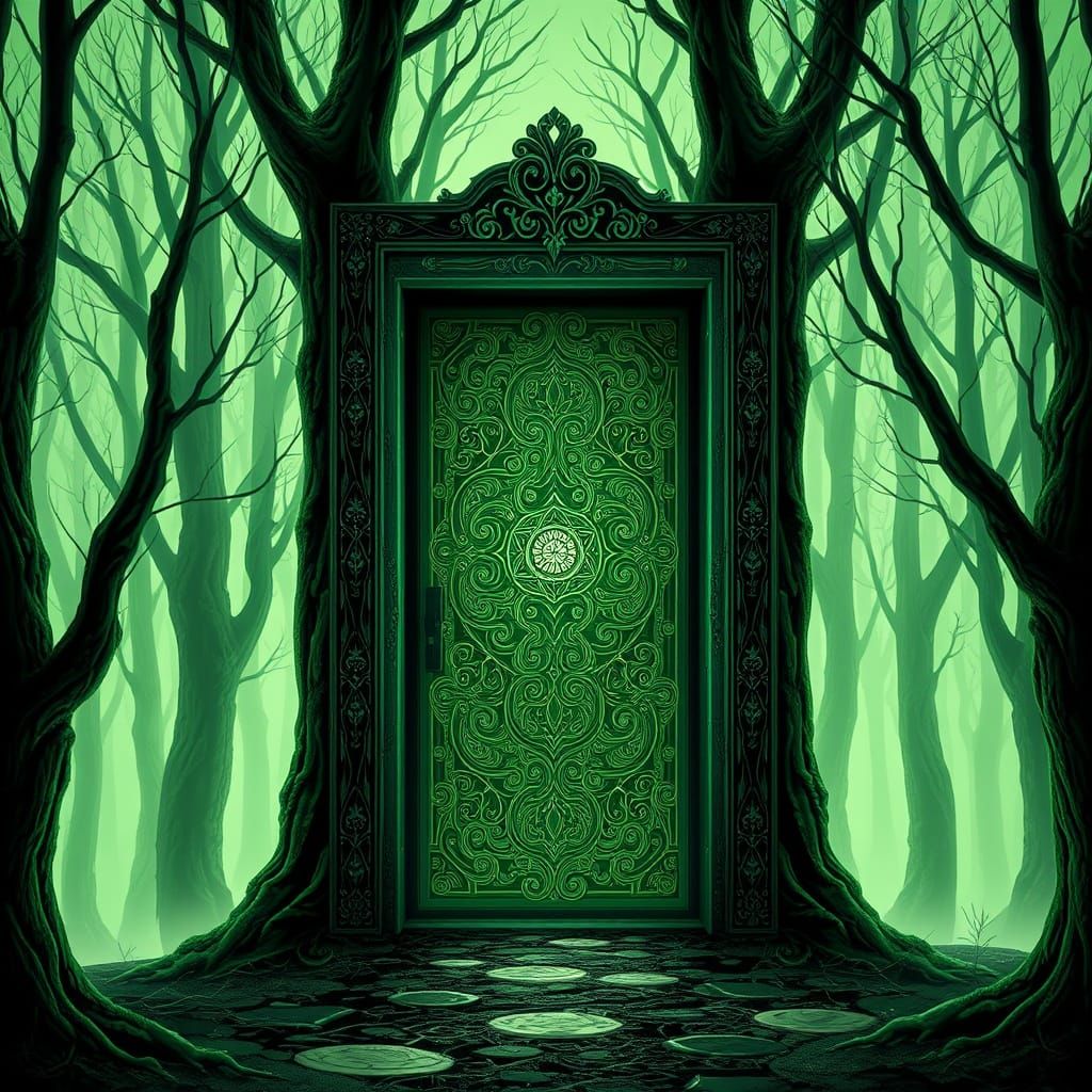 Eerie Emerald Door Amidst Ancient Whispering Trees