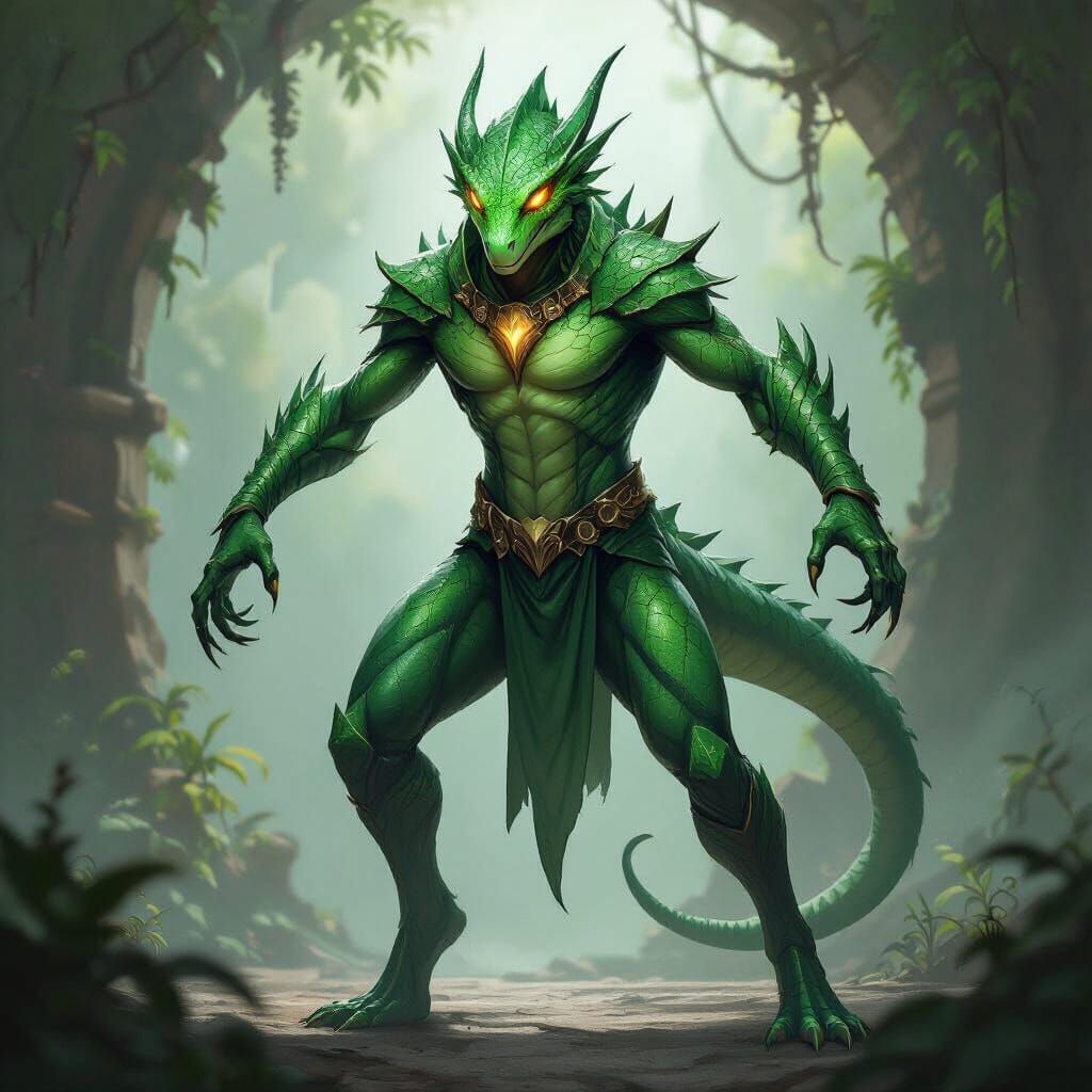 Emerald Reptilian Operative in Gritty Concept Art Style