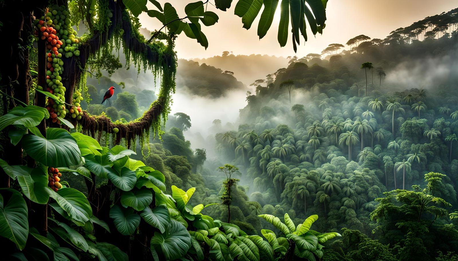 Rainforest Monkeys and Birds in Morning Mist