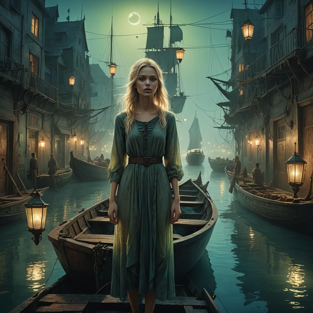 Eerie Boat Scene with Girl in Dark Surrealism Style