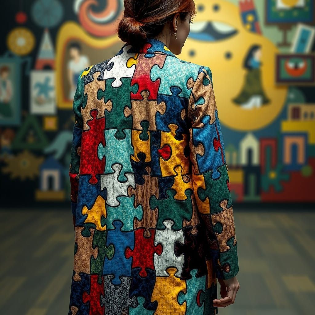 Woman in Whimsical Coat with Integrated Puzzle Pieces
