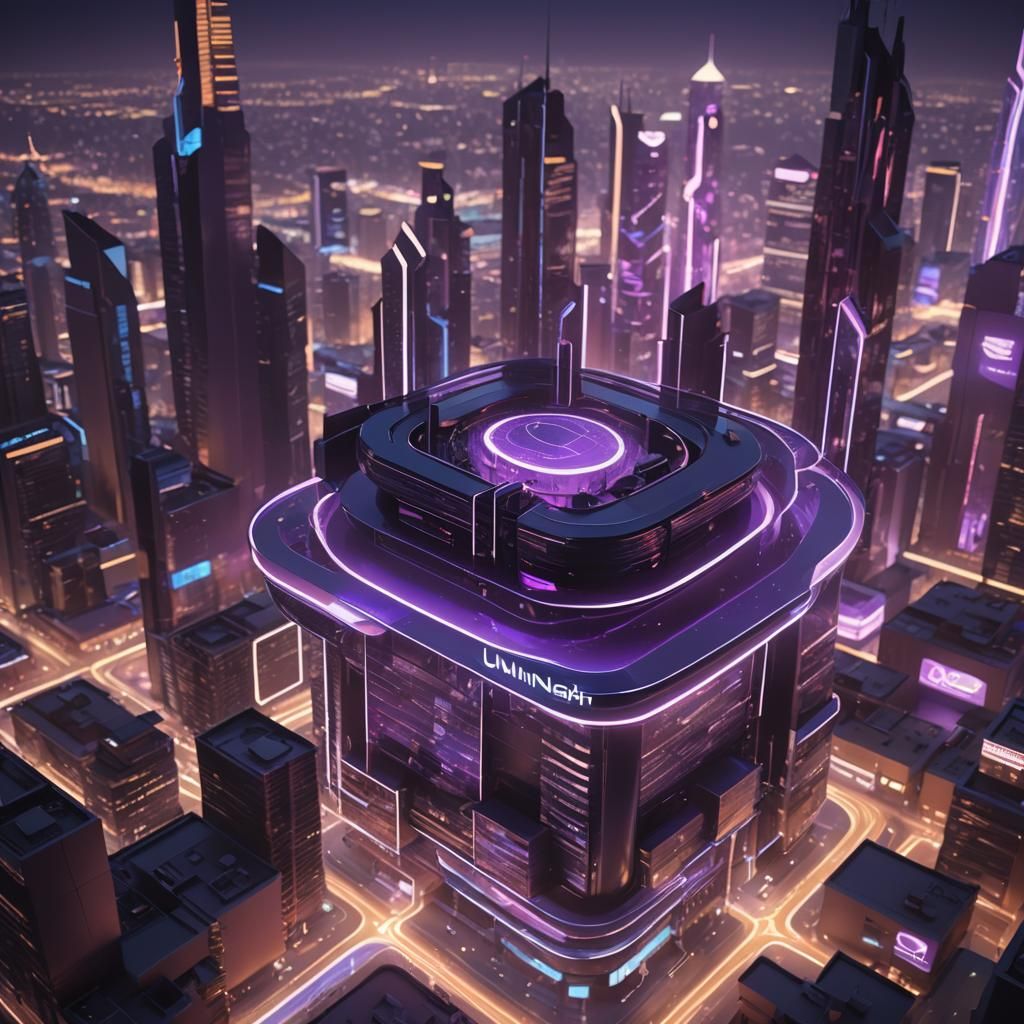 Futuristic Neon Cityscape with Floating Logo in 3D