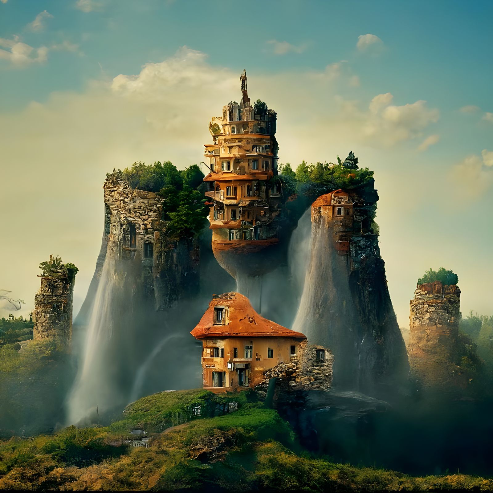 Fantastical Storybook Castle Carved into Mountain, 3D Render