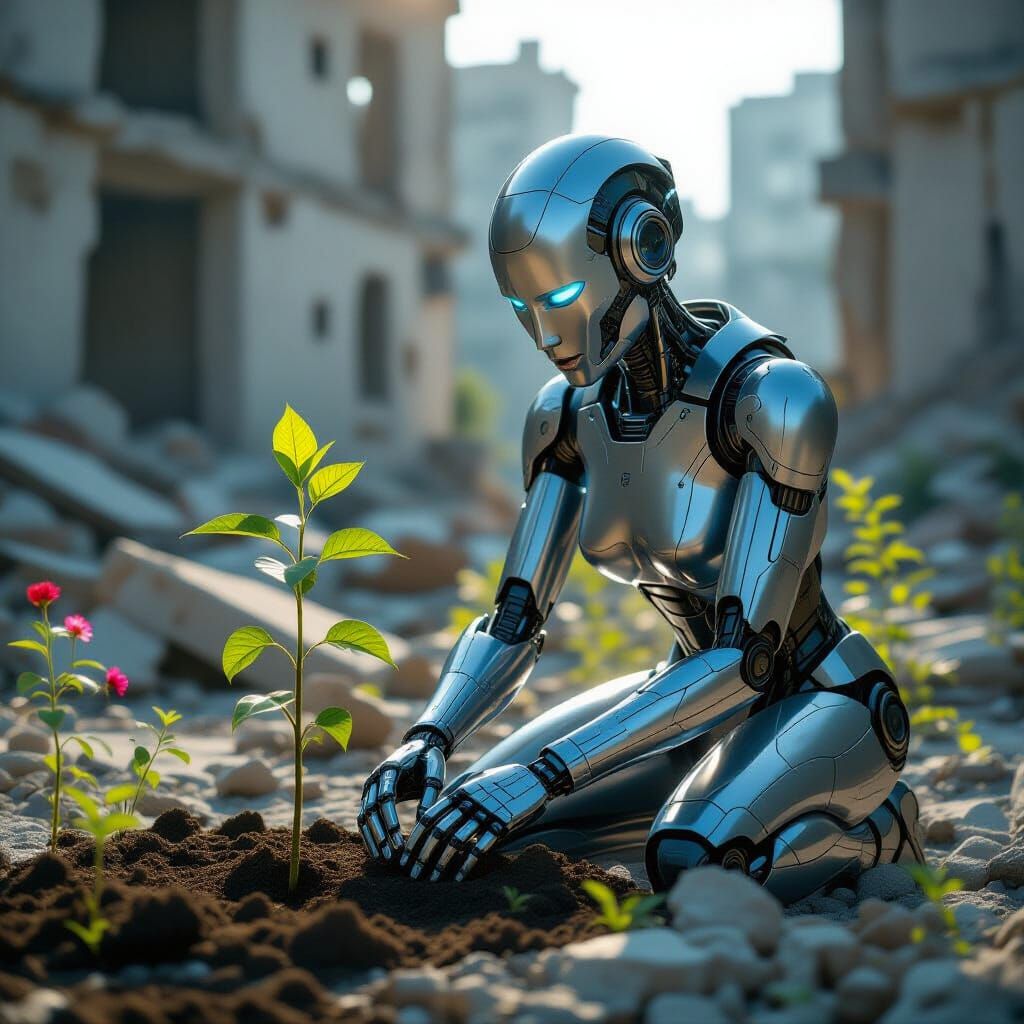 Female Android Plants Saplings in Ruined City