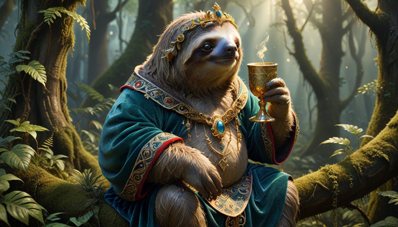 Sloth Emperor Sipping Chalice in Enchanted Forest