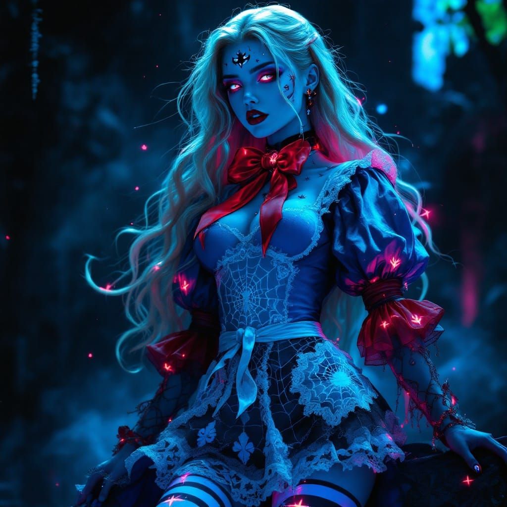 Gothic Alice in Wonderland, Intricate Cyan Blue Mini Dress,....