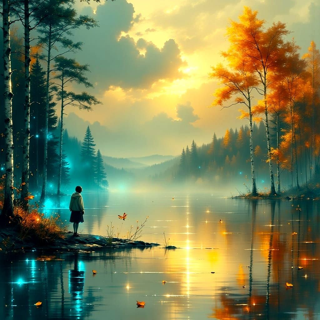 Rock Star's Magical Lake Scene with Golden Hour Glow