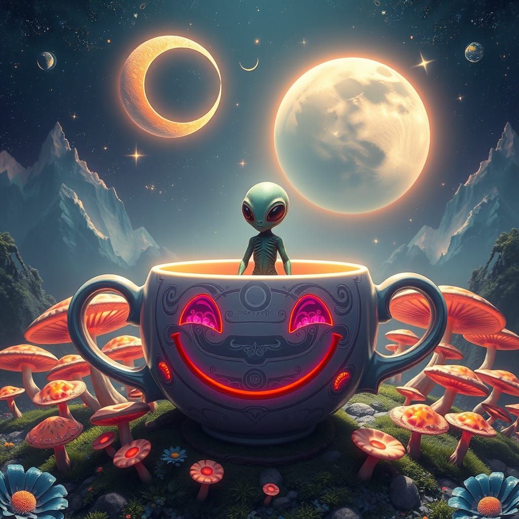 Surreal, Futuristic Smiley Face Cup in a Dreamlike Sci-Fi La...