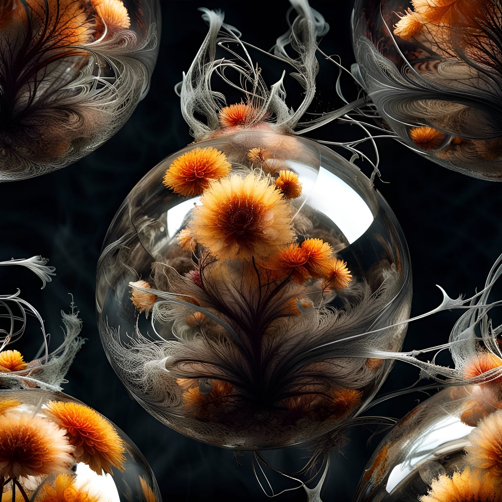 Exploding Glass Spheres with Dead Flowers