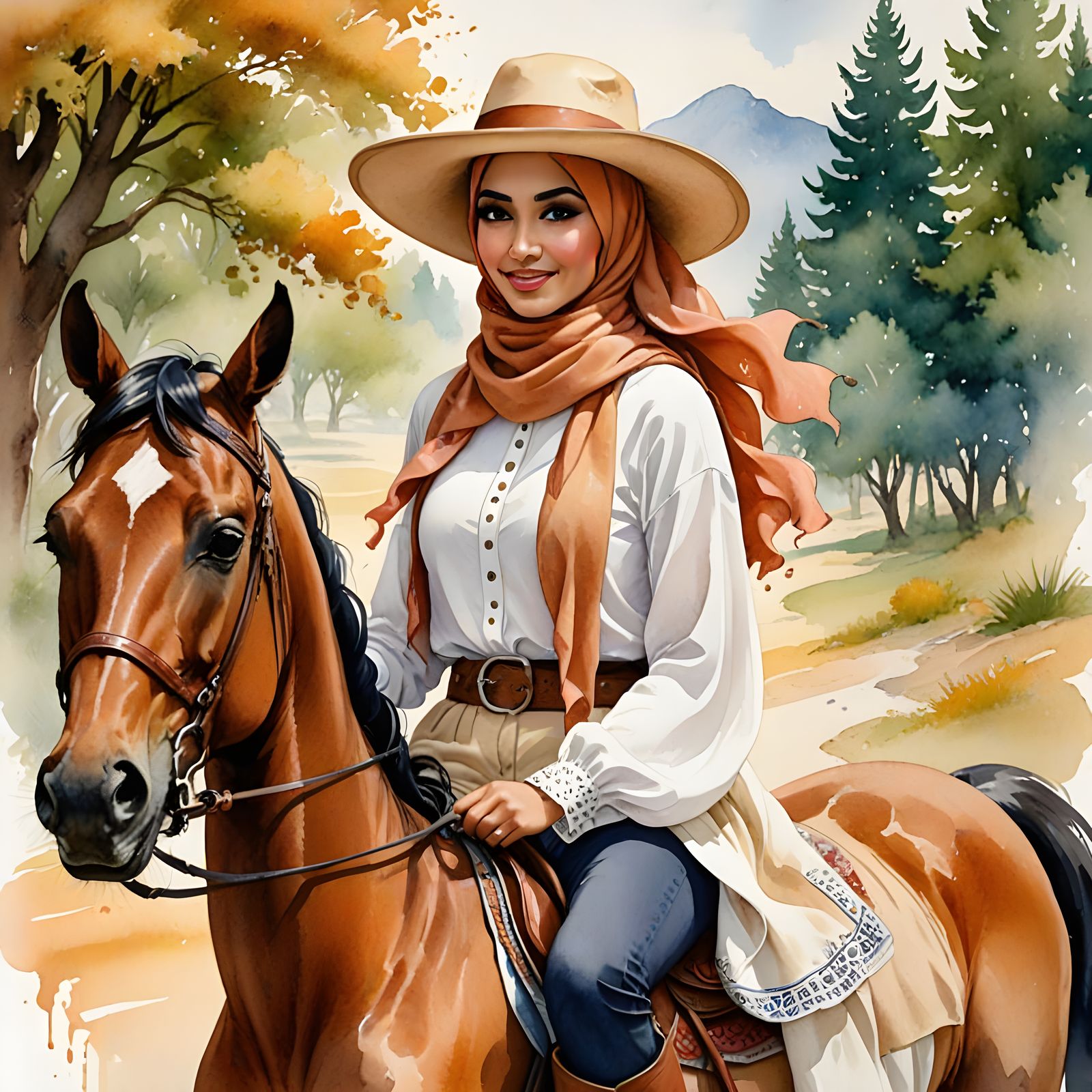 A Whimsical Hijabi Woman Rides a Majestic Horse in a Vibrant...