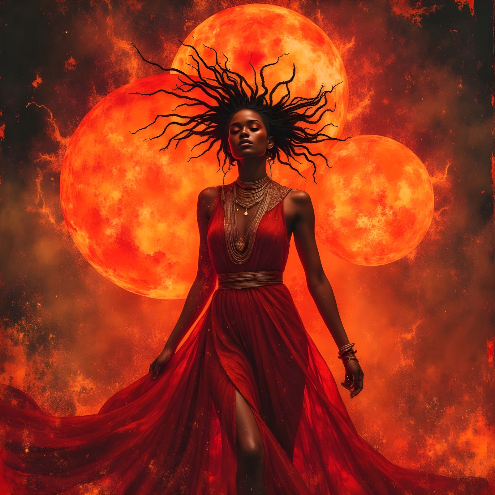 African Goddess in Fiery Red Dress Amidst Alien Landscape