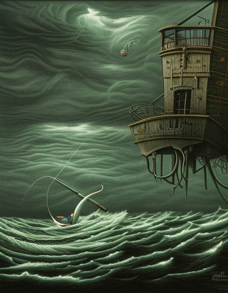 Marlin Boat Fishing on Stormy Sea, Surreal Art