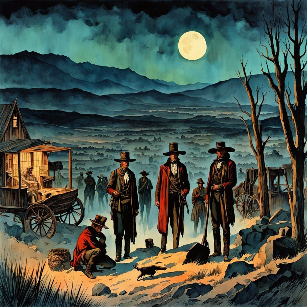 Vintage Western Illustration of Dusk in the American West