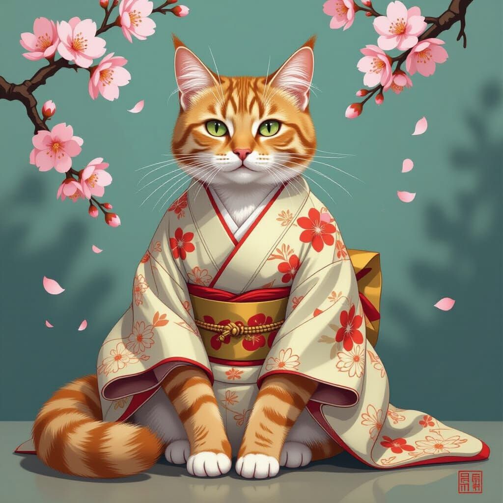 Elegant Ginger Cat in Kimono, Surreal Illustration