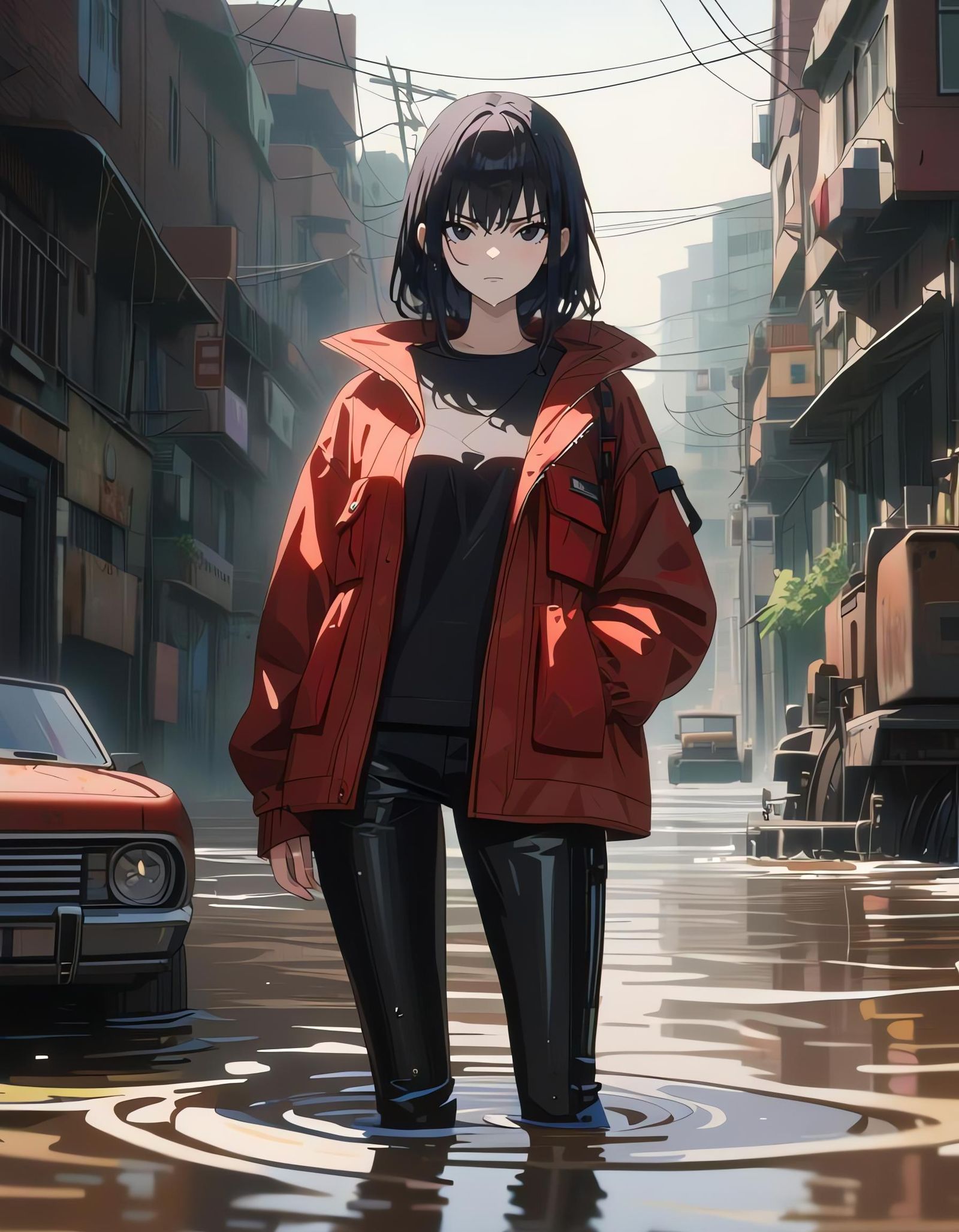 Girl on Flooded Street in Cel-Shaded Style
