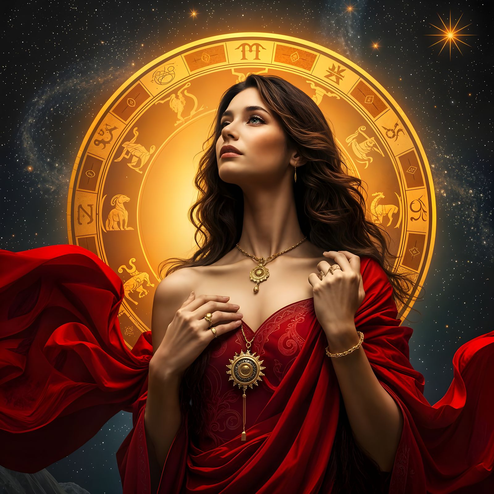 Mystical Goddess Embracing Celestial Splendor in Luxurious R...