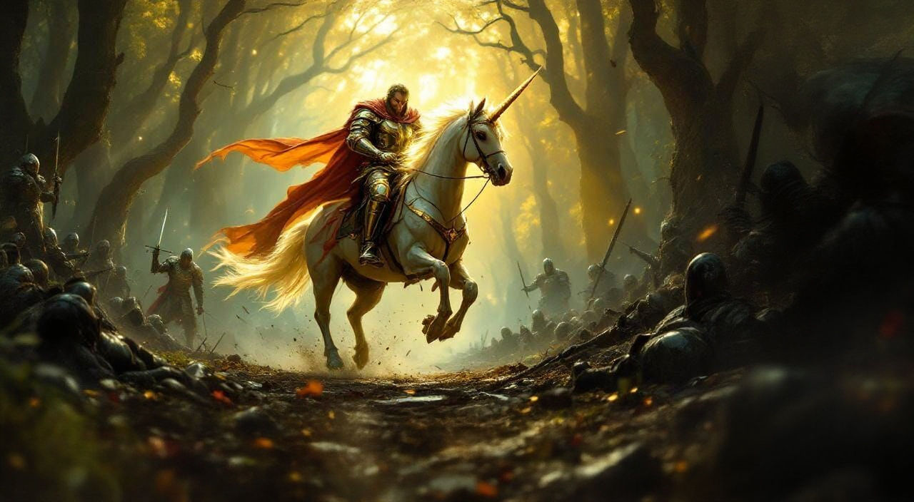 Knight on Armored Unicorn Gallops Through Ancient Forest