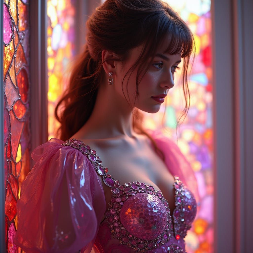 Woman in Stained Glass Dress in Luminous Room