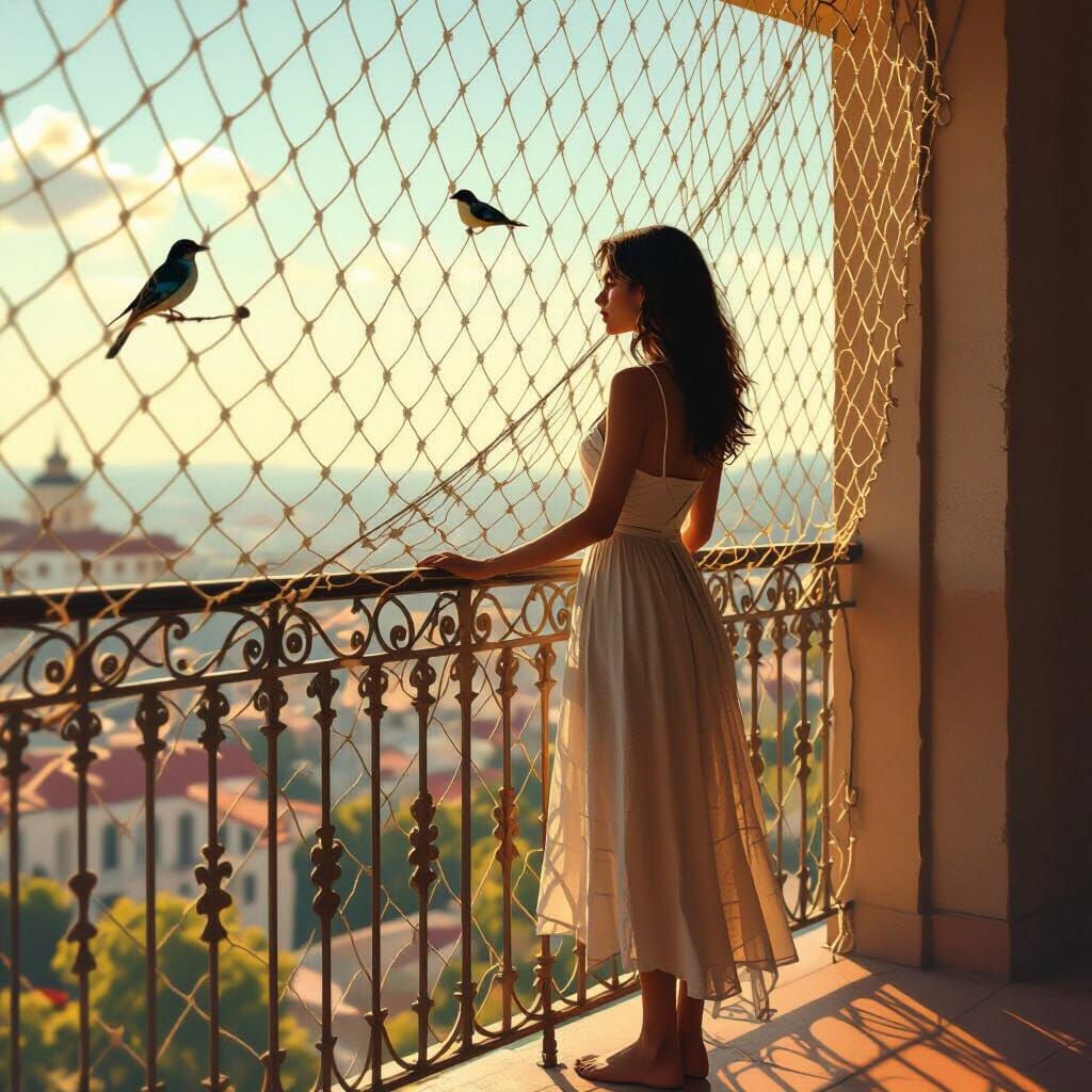 Woman on Balcony with Bird Net, Digital Art