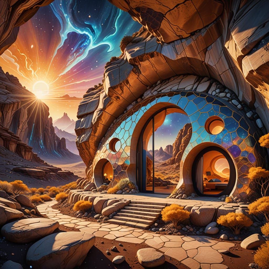 Surrealist Eco-Dwelling on a Martian Hillside in Vibrant, Lu...