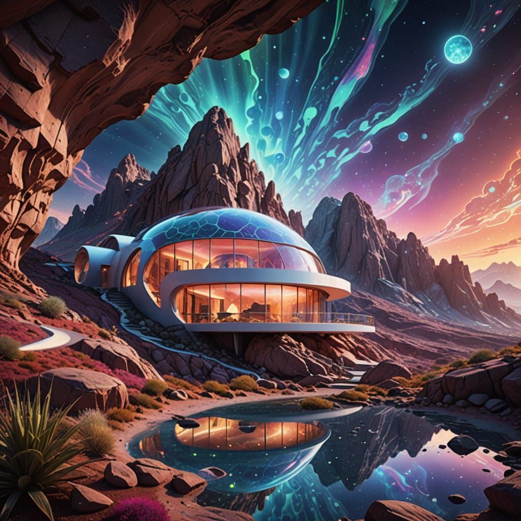 Ethereal Eco-Dwelling on Mars in Surrealist Style