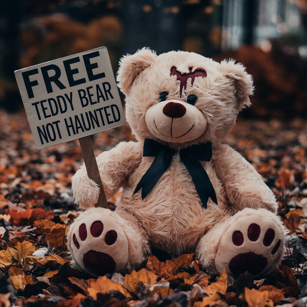 Humorous Haunted Teddy Bear with Sign