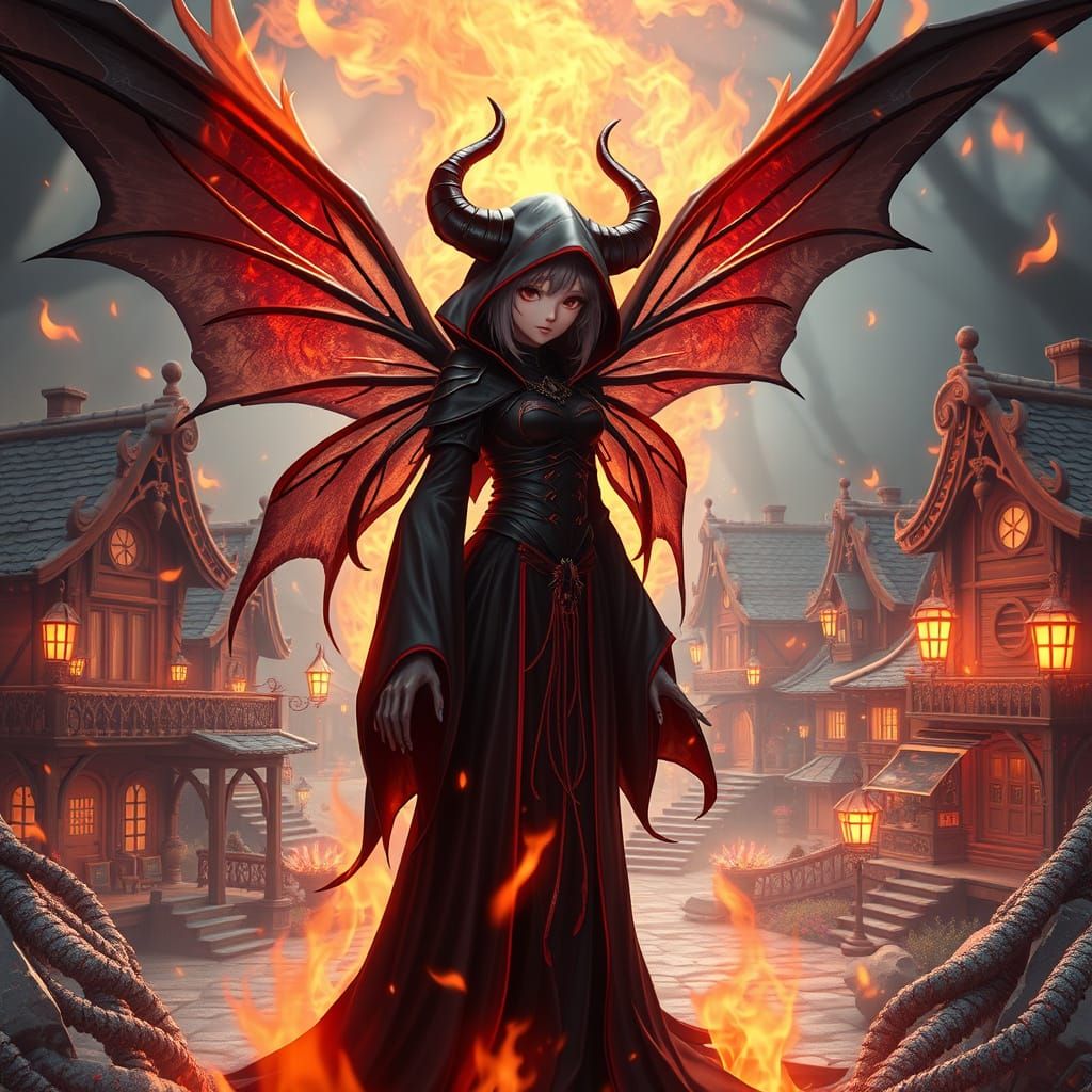 Dark Fairy Ignites Whimsical Village in 3D Anime Style