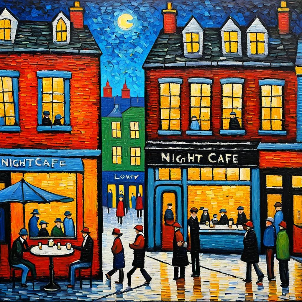 Industrial Cafe in Lowry Style: Expressionist Oil Painting