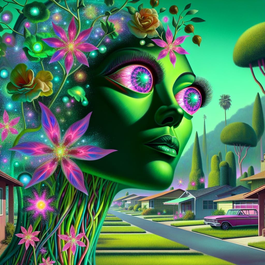 Gigantic Green Goddess Explores Whimsical 1950s Suburb