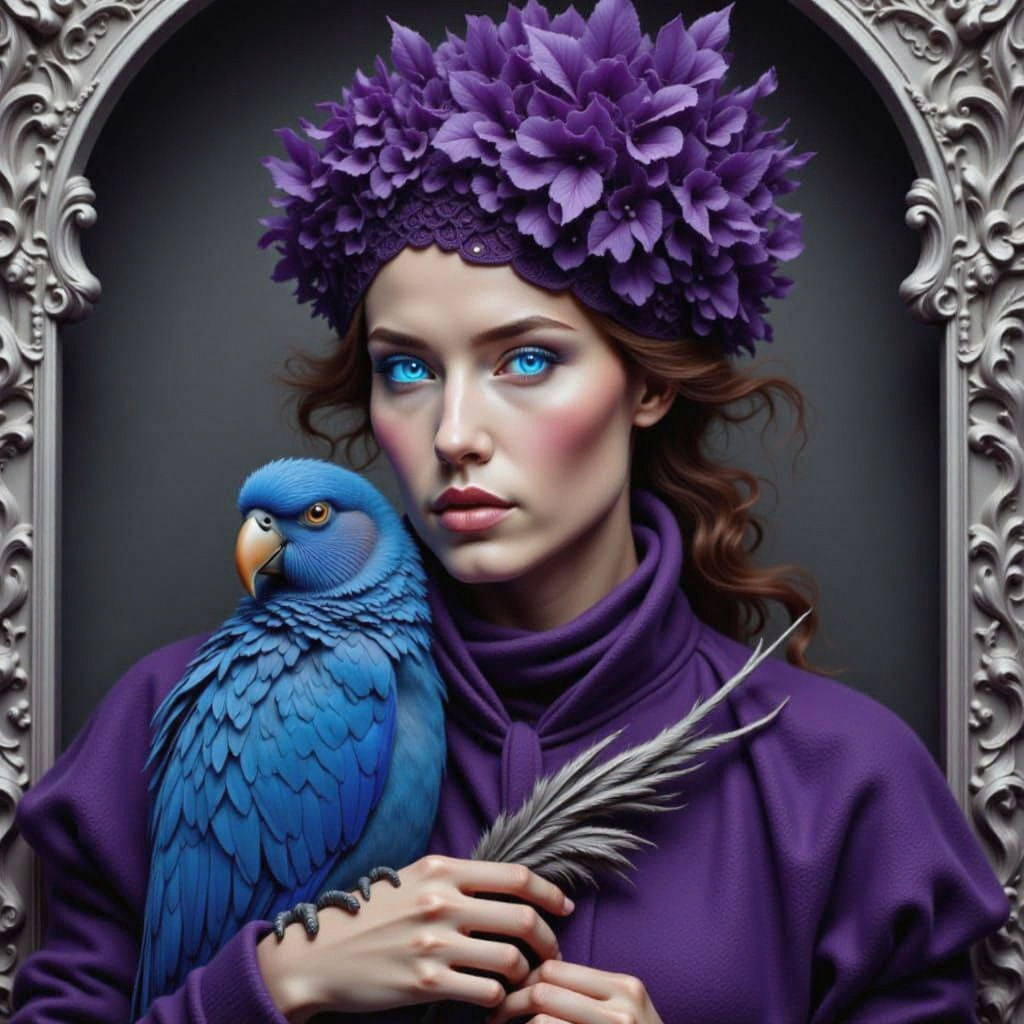 Woman in Purple Holds Blue Macaw in Silver Frame