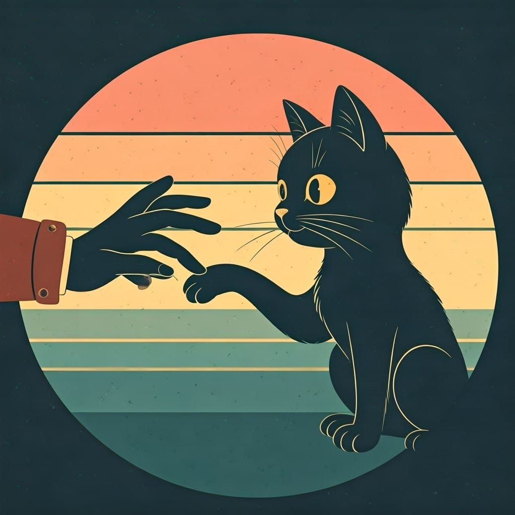 Timeless Cartoon Scene with Whimsical Hand and Cat