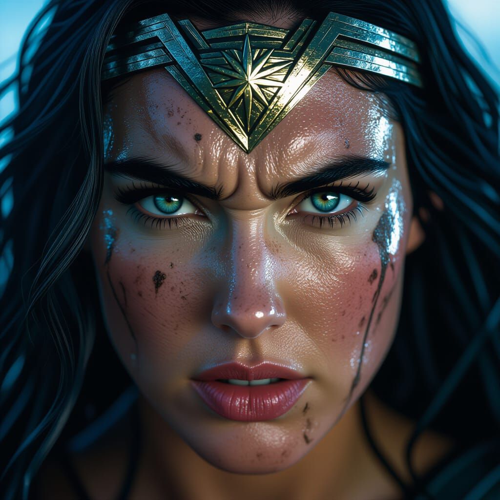 Wonder Woman: Hyperrealistic Close-up with Hopeful Gaze