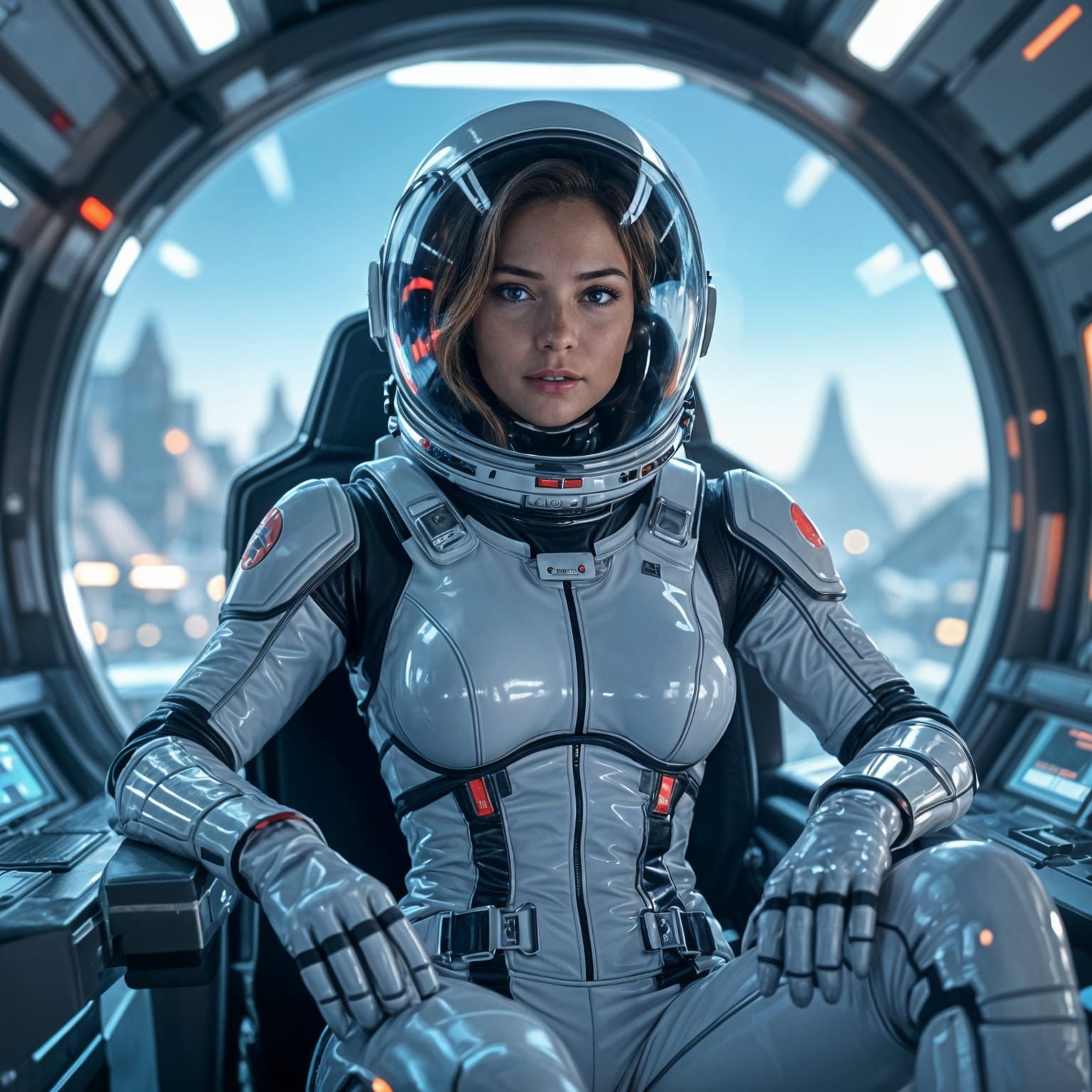 Confident Female Space Explorer in Futuristic Cockpit