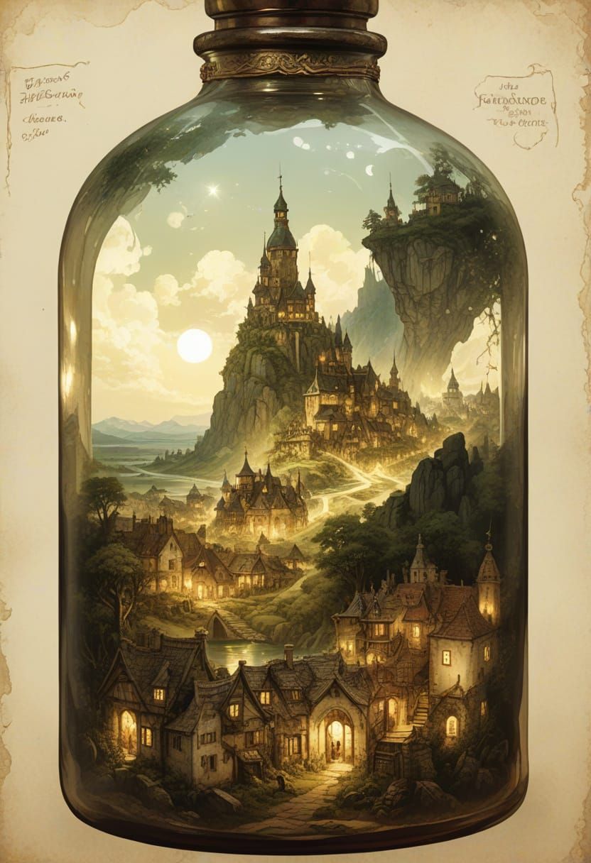 Surreal Fantasy Townscape Trapped Within Enchanted Glass