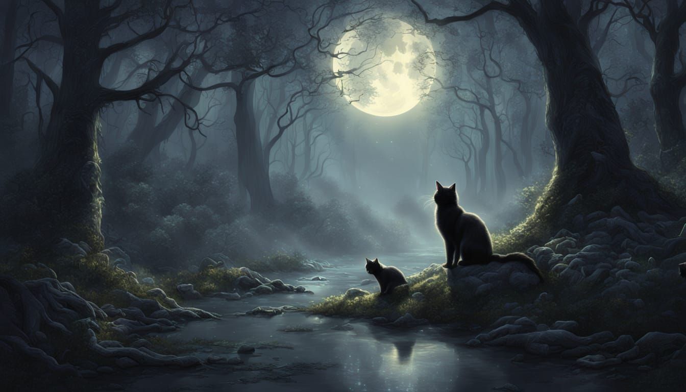 Mystical Forest Cats in Ethereal Moonlight
