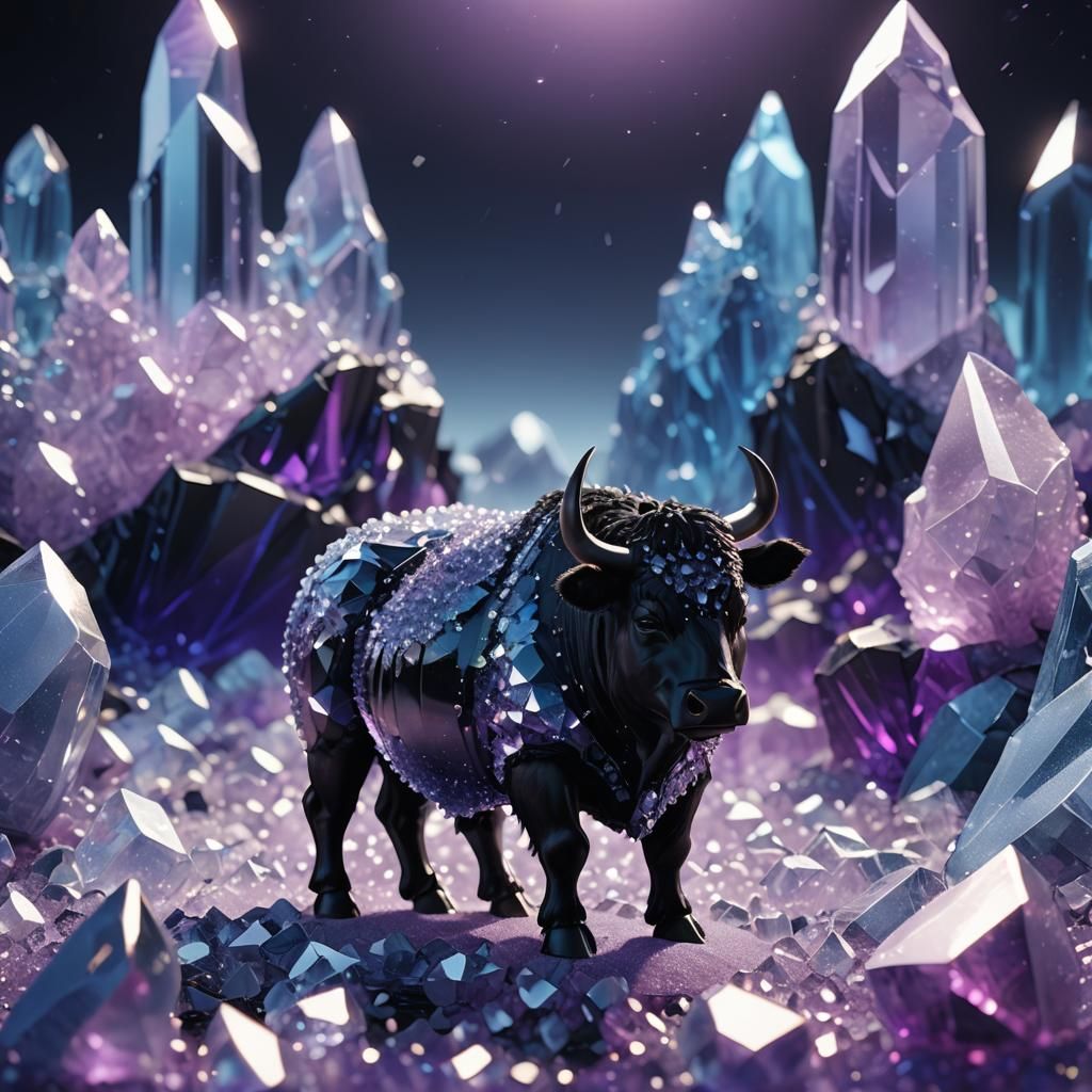 Photorealistic Bull in Sparkling Crystal Landscape