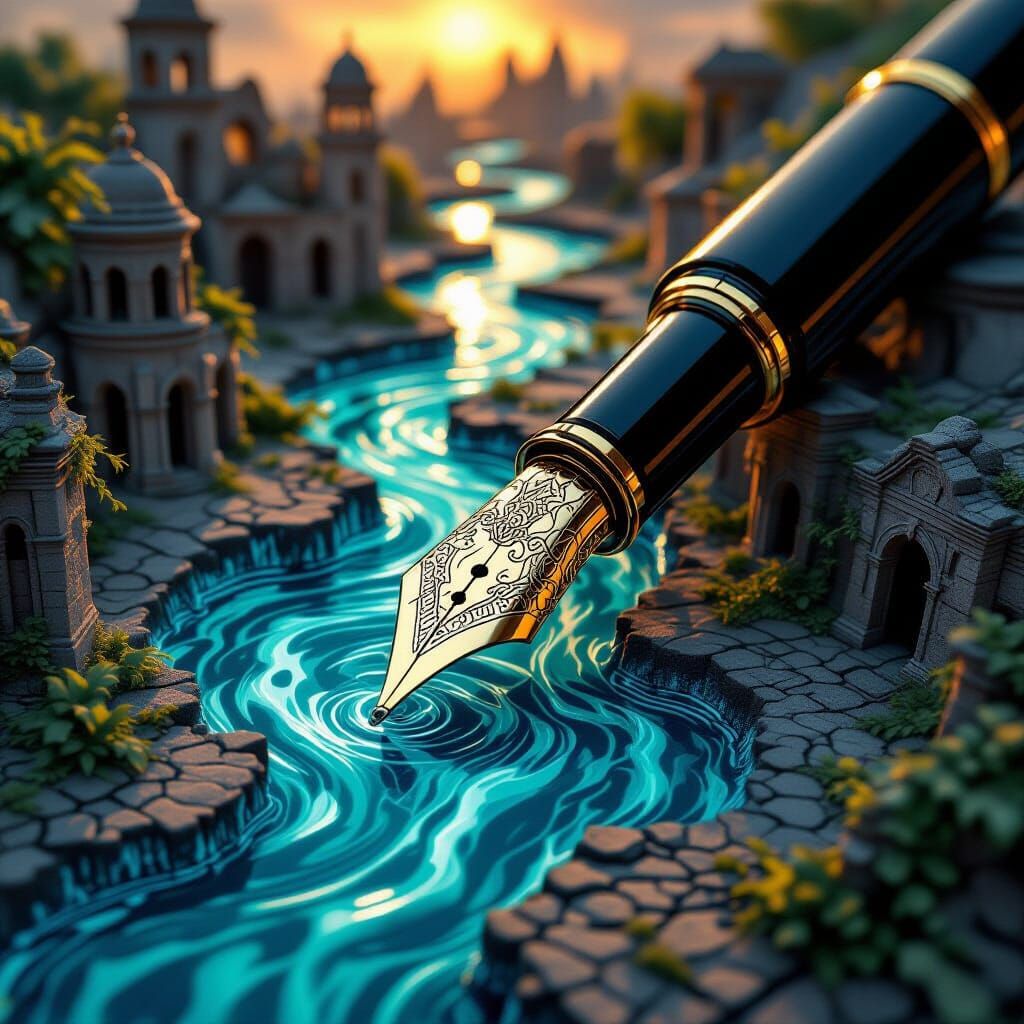 Surreal Pen Nib Dissolving Into Ink Rivers