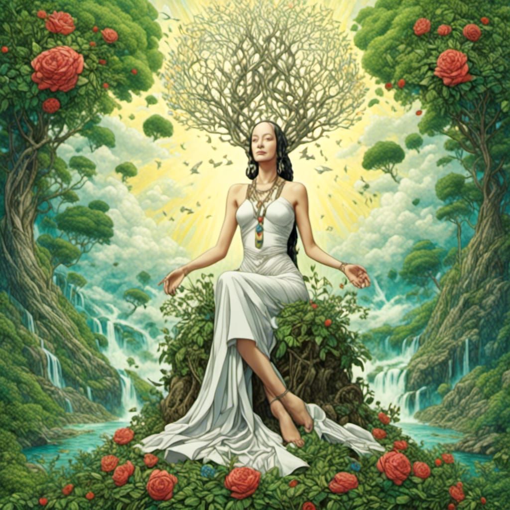 <lora:Viva:1.0> as vibrant Goddess Gaia with black hair and green eyes with tree of life, springs, waterfalls and rose y...