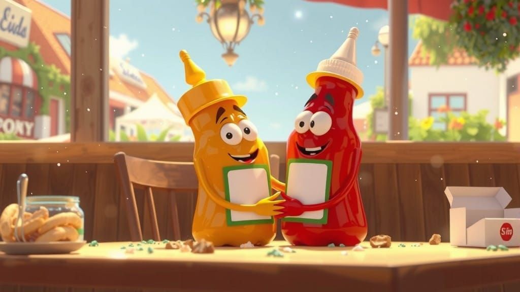 Ketchup and Mustard Friends on a Sunny Table