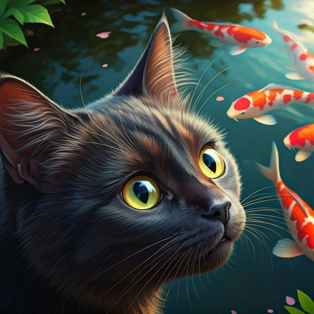 Japanese Cat Gazing at Koi Pond in Serene Oil Painting