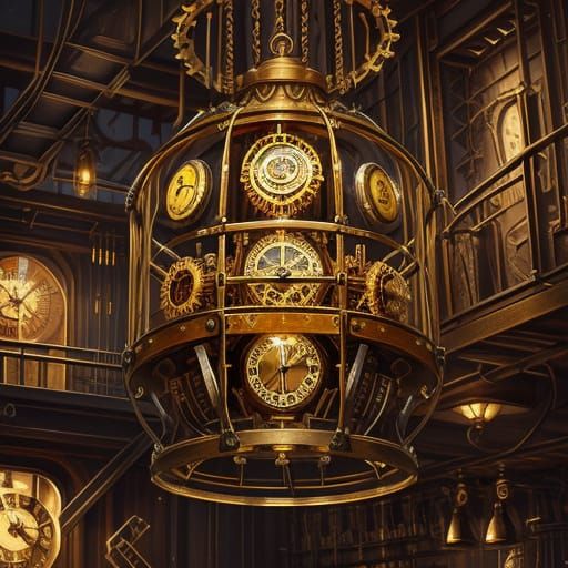 Intricate Steampunk Cage with Gears and Golden Light