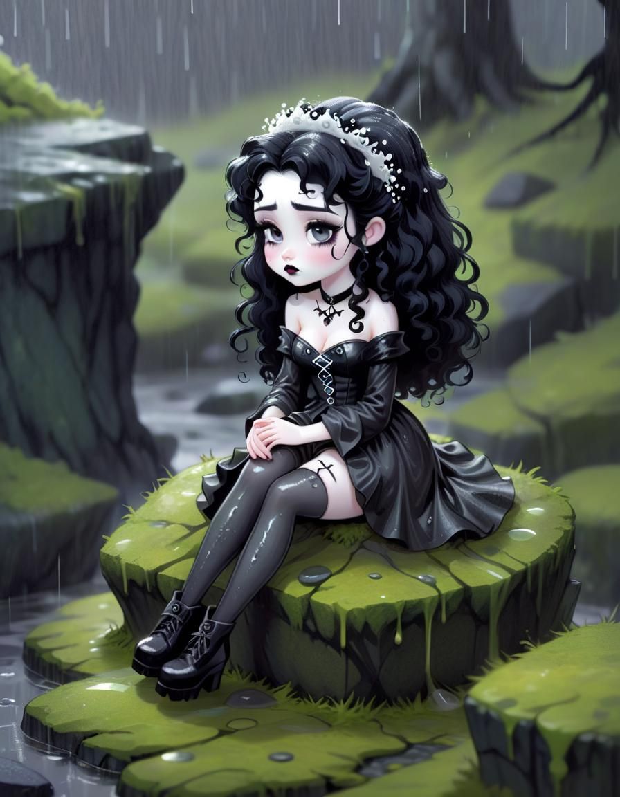 Gothic Bride in Rainy Forest, Cel-Shaded Character Art